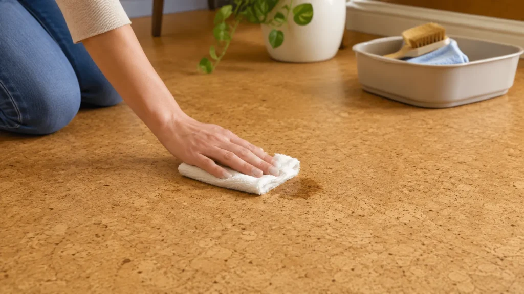 Person removing a stain from cork flooring with a soft cloth and gentle cleaning tools