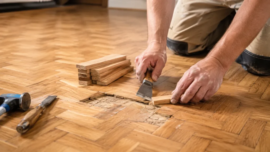 Worker repairing parquet flooring by replacing damaged wood pieces with tools on a parquet floor