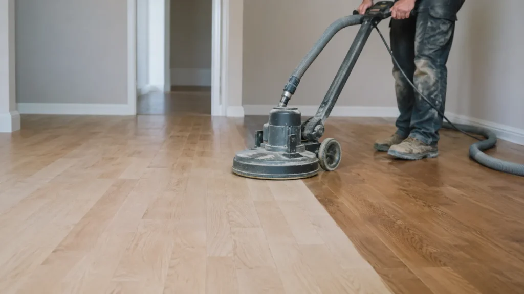 Professional resurfacing engineered wood floor with sanding equipment during floor restoration
