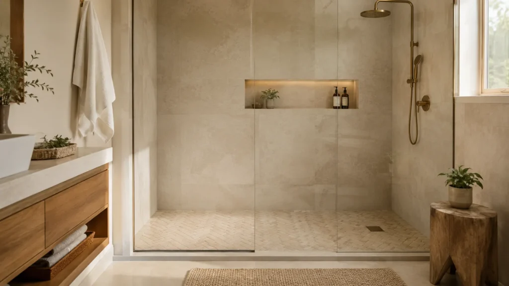 Walk-in shower with beige herringbone floor tile, glass enclosure, and warm spa-style bathroom design