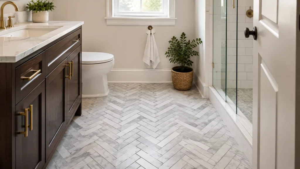Small bathroom with herringbone tile floor, marble-look pattern, vanity, and clean modern design