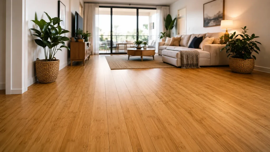 Solid bamboo flooring in a bright modern living room with natural grain and warm golden plank finish