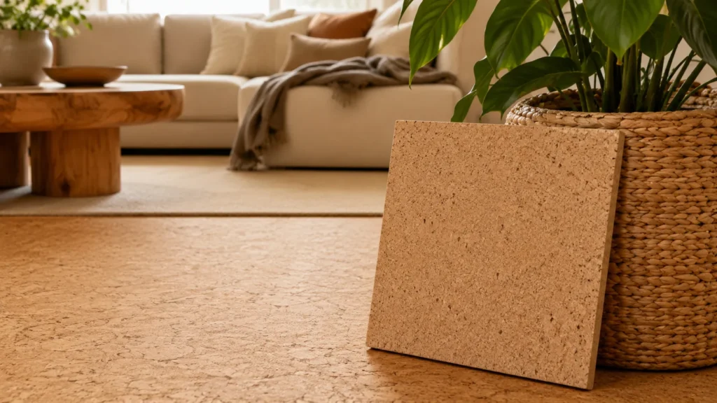 Solid cork flooring sample in a bright room showing thick natural cork material and textured surface