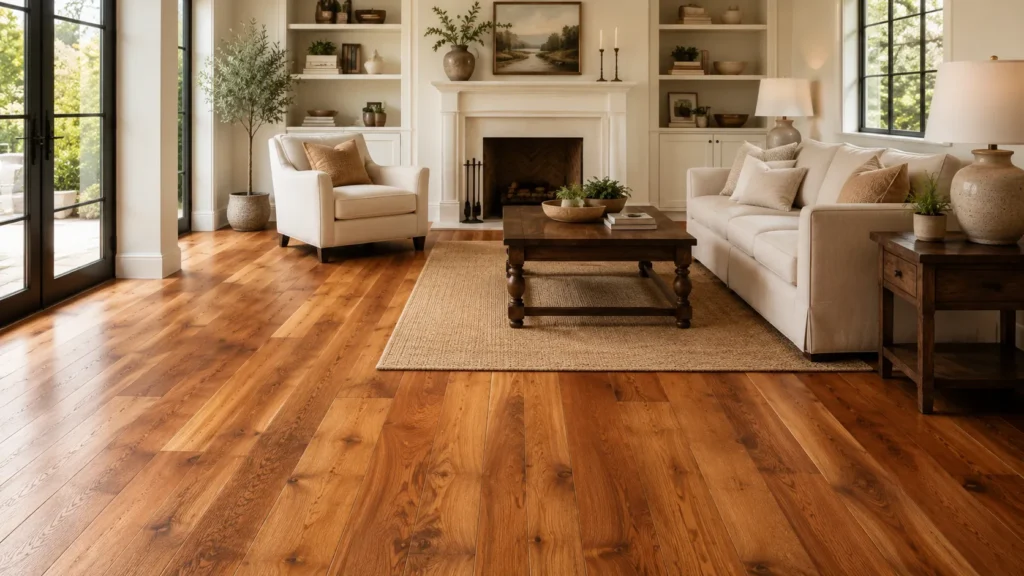 Solid hardwood flooring in a bright living room with rich wood grain and a classic home interior
