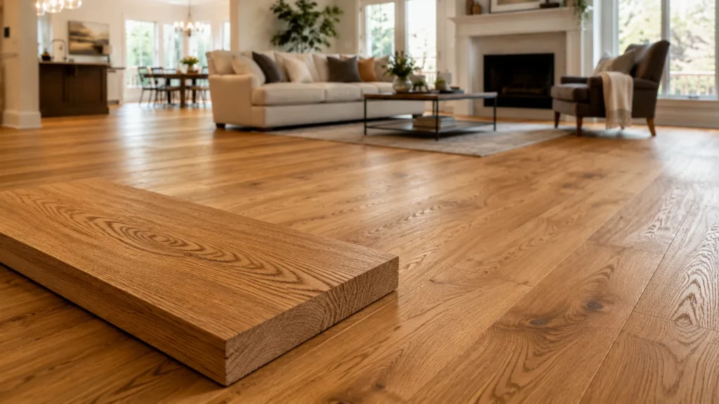 Solid oak flooring with thick hardwood plank sample showing real oak grain and durable wood construction