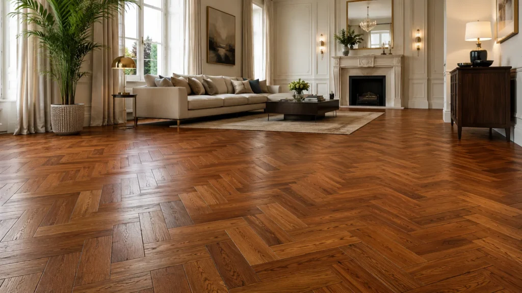 Solid parquet flooring in a classic living room with real wood blocks, natural grain, and rich hardwood texture