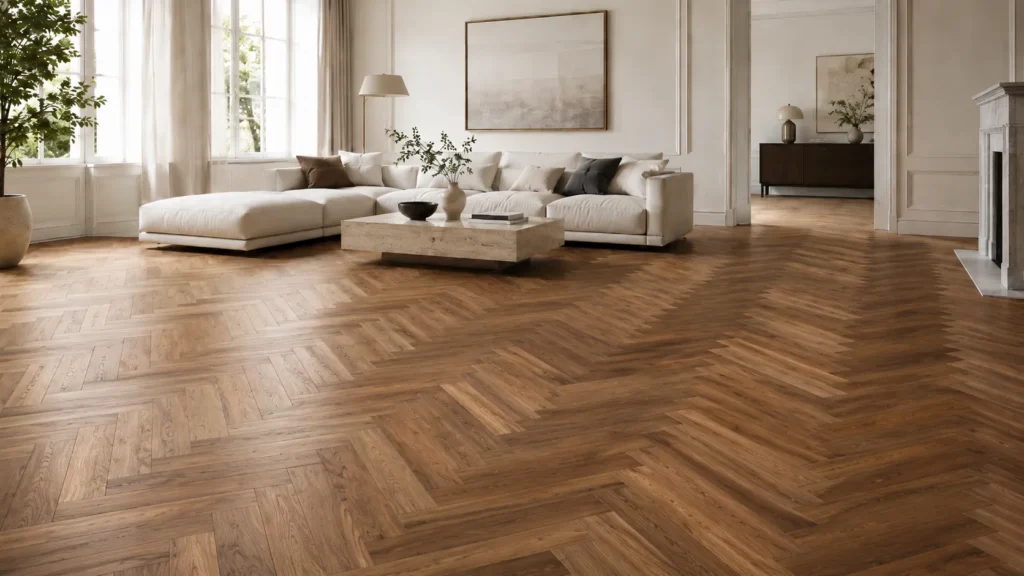 Solid wood herringbone flooring in a refined living space with natural hardwood texture and classic pattern