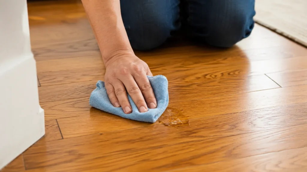 Hand wiping a sticky spot from hardwood floors with a soft microfiber cloth