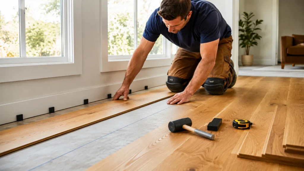 Starting the first straight row of oak flooring along a wall with spacers