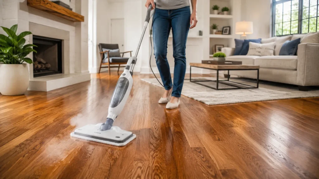 Steam mop on hardwood floors in a modern living room showing steam cleaning risk