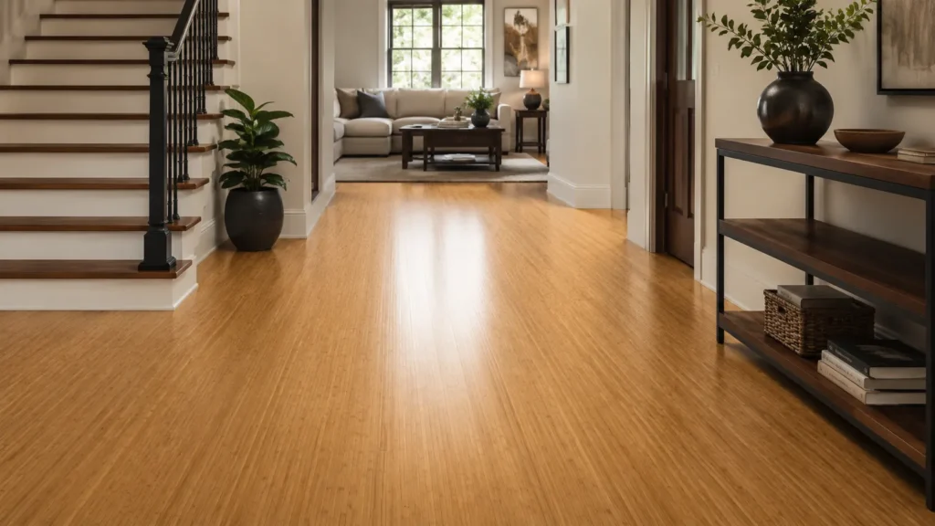 Strand woven bamboo flooring in a hallway with dense plank texture and durable natural bamboo surface