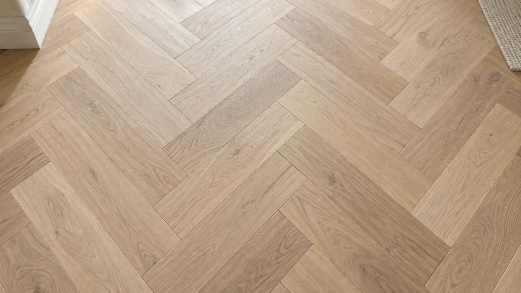 Close-up of true herringbone flooring made from natural light white oak rectangular planks in a stepped 90-degree pattern.