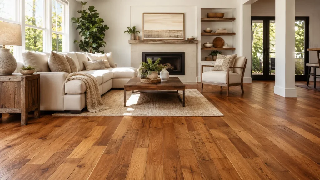 Modern living room with warm hardwood flooring, natural light, and neutral furniture for a hardwood floor types guide