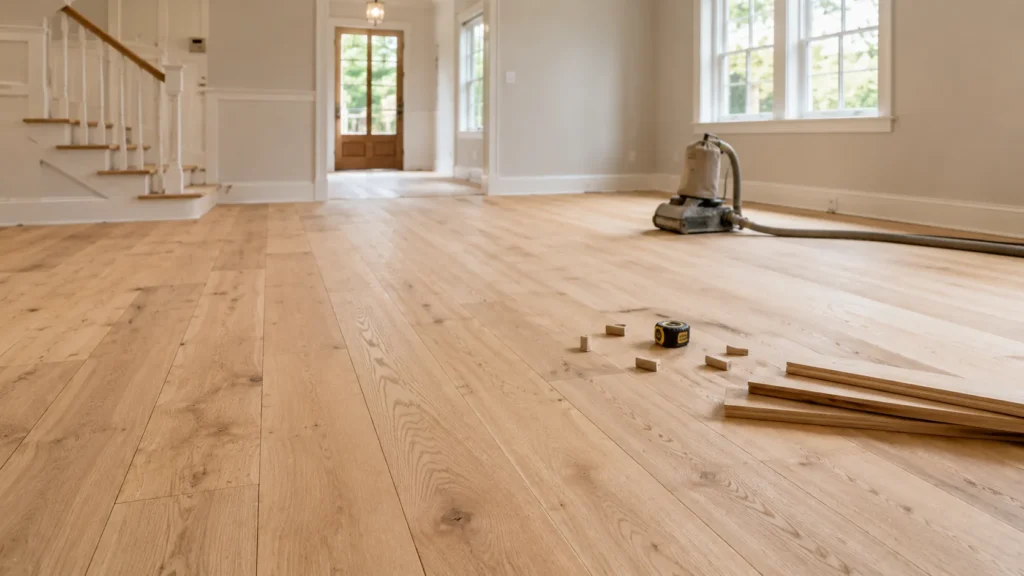 Unfinished oak flooring in a renovation room with raw wood planks, sanding tools, and natural oak surface