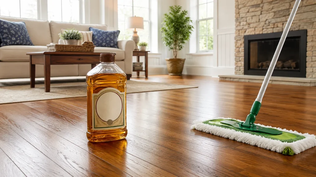 Oil soap bottle and microfiber mop on hardwood floors showing wood floor cleaning product use