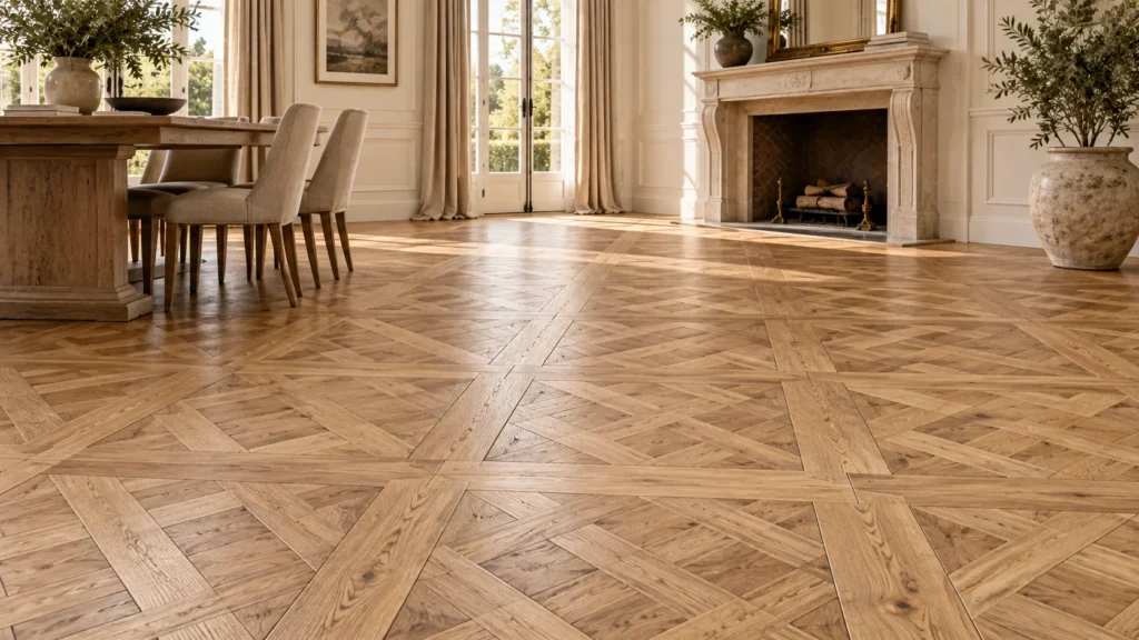 Versailles parquet flooring with framed interlaced wood panels in an elegant traditional room