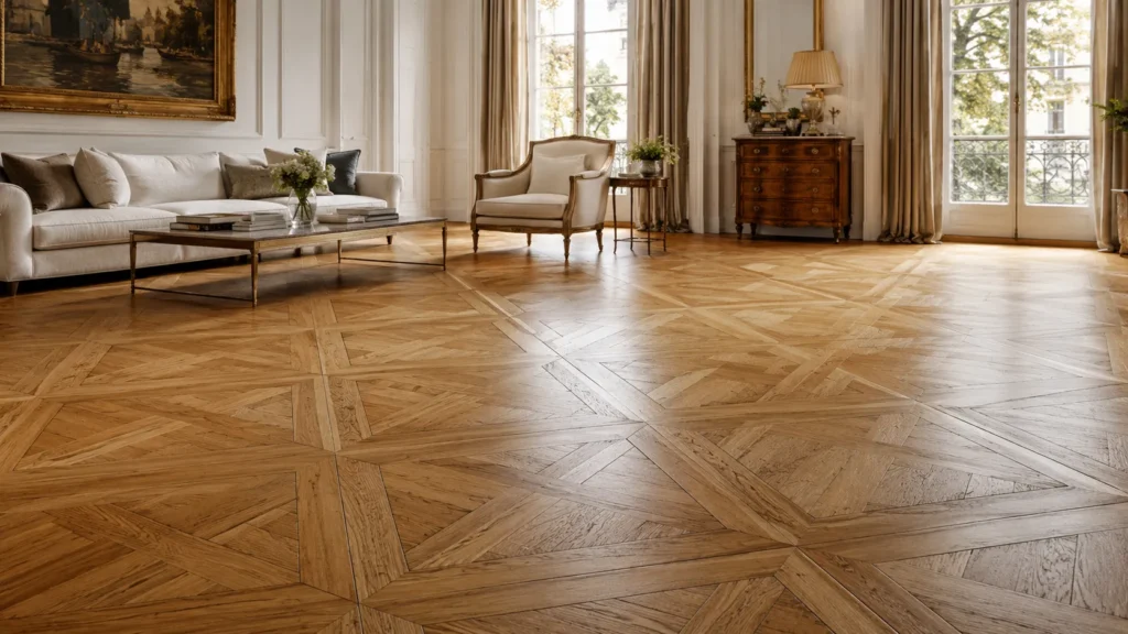 Versailles parquet flooring in an elegant formal living room with decorative wood panel pattern and luxury interior design