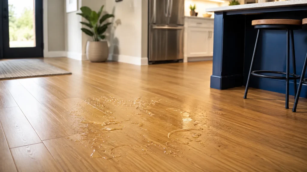 Water-resistant bamboo flooring in a modern kitchen with water droplets on the plank surface