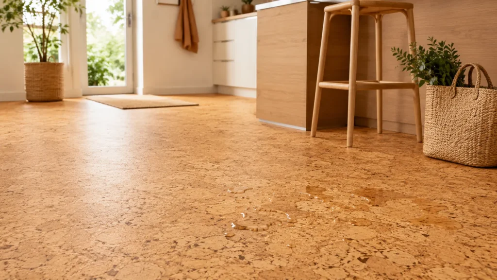 Water droplets on cork flooring surface showing waterproof cork flooring in a modern kitchen
