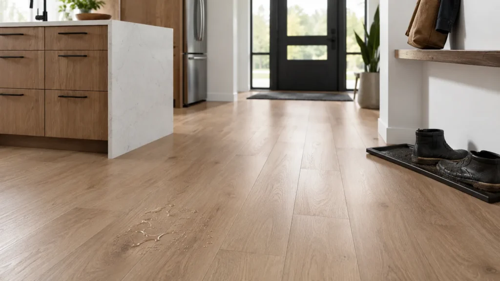 Waterproof engineered wood flooring in a kitchen entryway with water droplets and durable plank surface