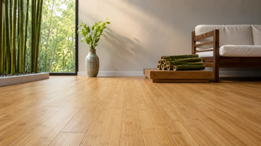 Bamboo flooring in a natural modern room showing bamboo material, warm plank texture, and eco-friendly design