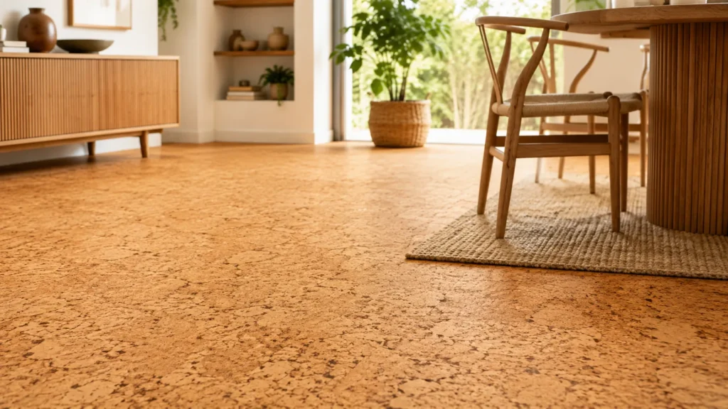 Close-up cork flooring surface in a modern home showing natural cork texture and warm floor design