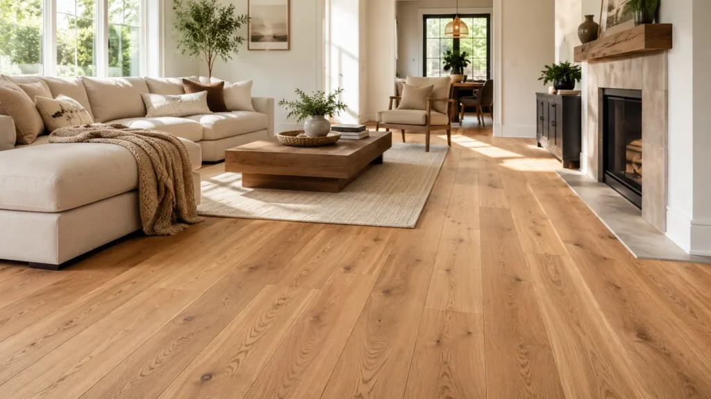 Modern living room with engineered wood flooring showing real wood appearance and layered floor stability