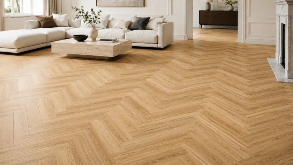 Close-up herringbone flooring pattern showing rectangular wood planks in a broken zigzag layout