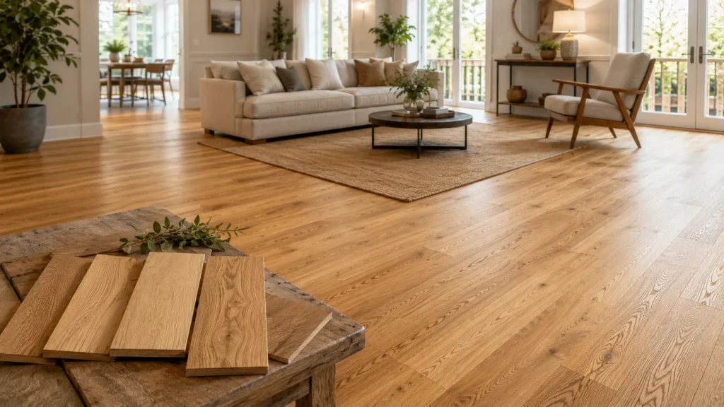 Oak flooring in a bright living room with wood plank samples showing natural oak grain and texture