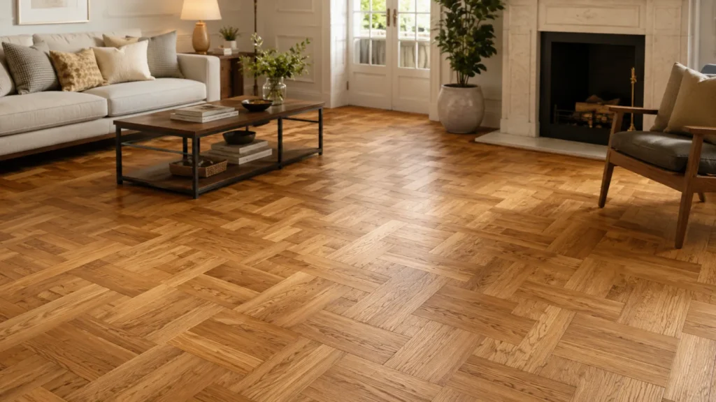 Parquet flooring in a warm living room showing small wood pieces arranged in a decorative geometric pattern