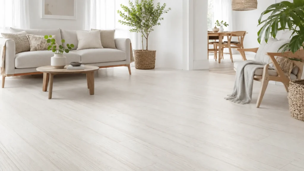 White bamboo flooring in a bright Scandinavian-style living room with light decor and clean natural design