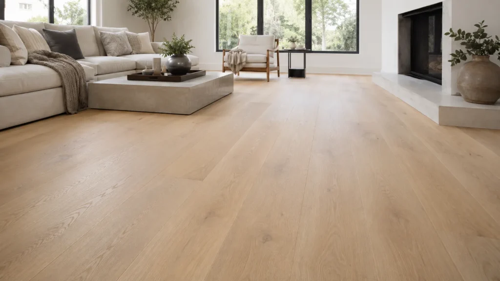 White oak engineered wood flooring in a bright modern living room with natural grain texture