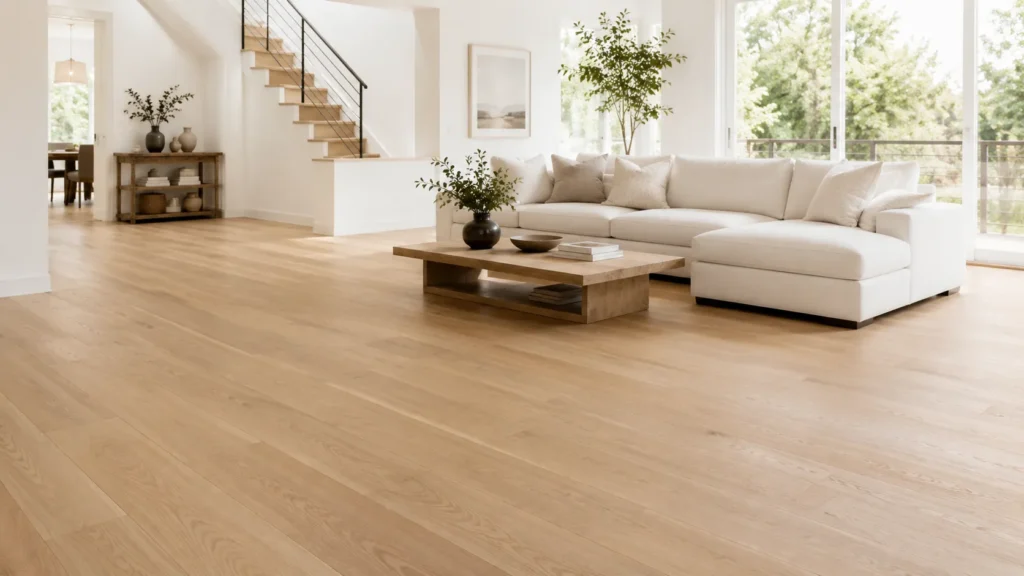 White oak flooring in a bright modern living room with light natural tones and subtle wood grain