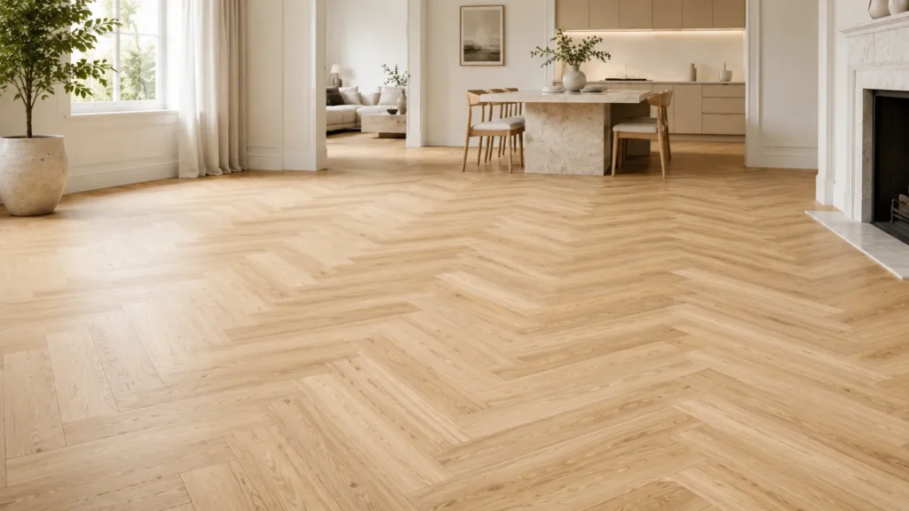 White oak herringbone floor in a bright open-plan home with light natural wood tones