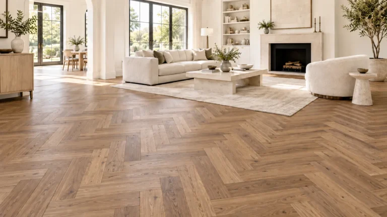 Natural white oak herringbone flooring in a bright modern living room with a true 90-degree staggered pattern.