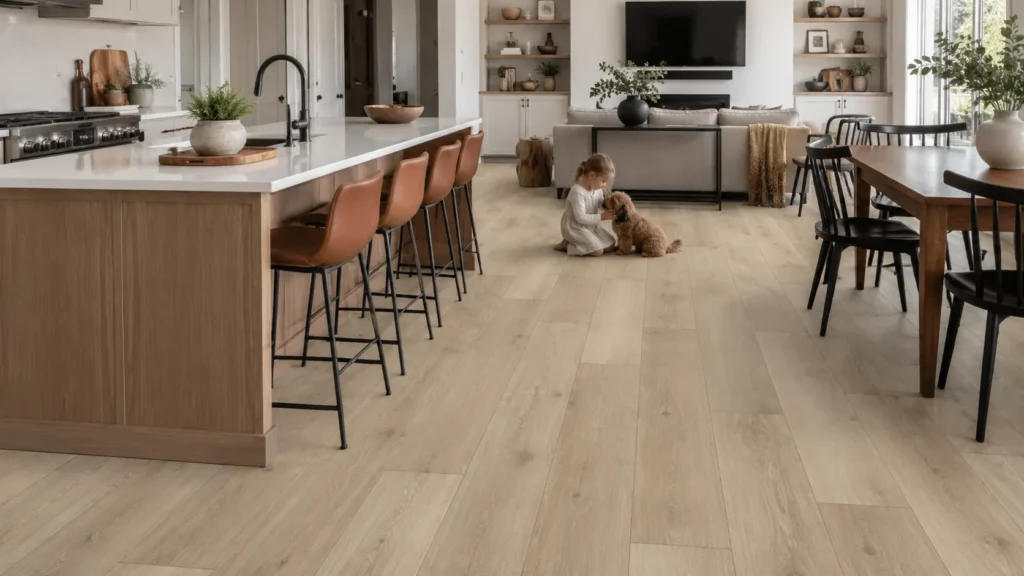 White oak LVP flooring in a spacious modern living and kitchen area with realistic wood-look planks