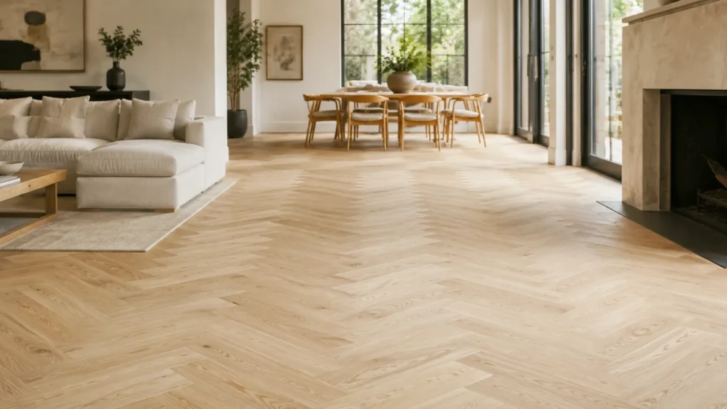 White oak parquet flooring in a modern open-plan living space with light wood tones and natural daylight