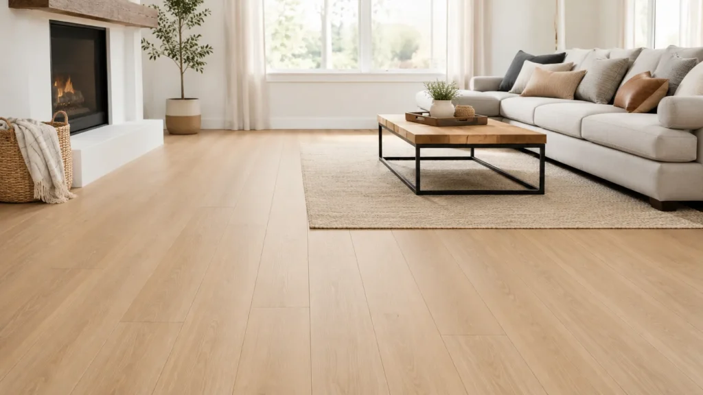 White oak vinyl flooring in a family-friendly open-plan home with durable wood-look surface and modern design