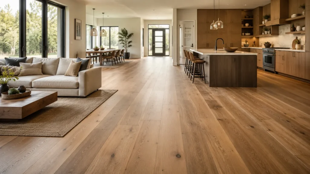 Wide plank engineered wood flooring in an open-plan home with natural light and modern decor