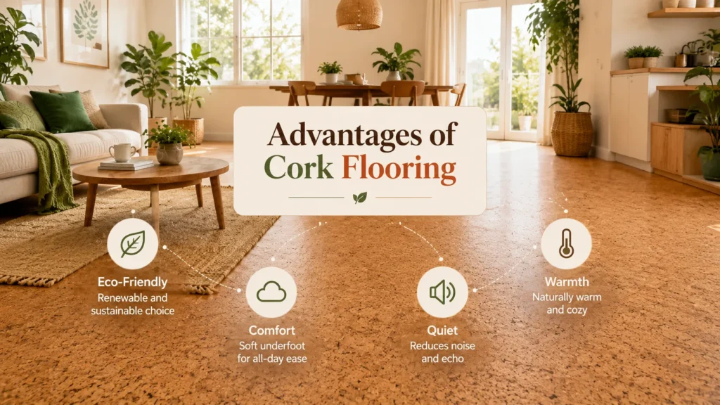 Advantages of cork flooring including comfort, warmth, sound reduction, and renewable material