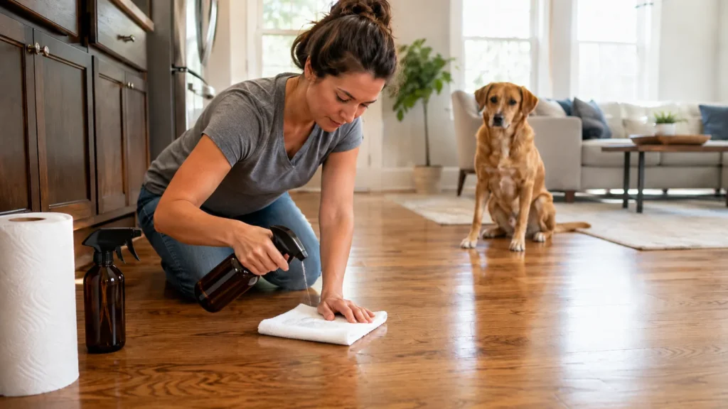Homeowner applying a small amount of hardwood-safe cleaner to a dog urine spot
