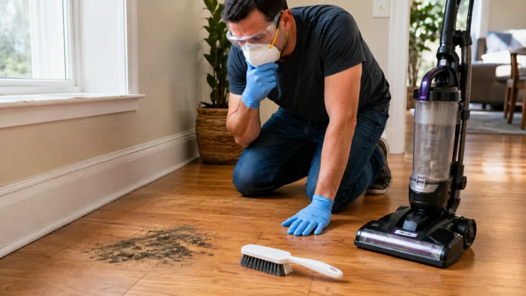Homeowner avoiding a dry brush and standard vacuum near active mold on hardwood flooring