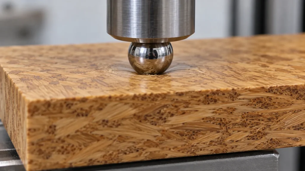 Janka hardness test on a strand-woven bamboo flooring sample
