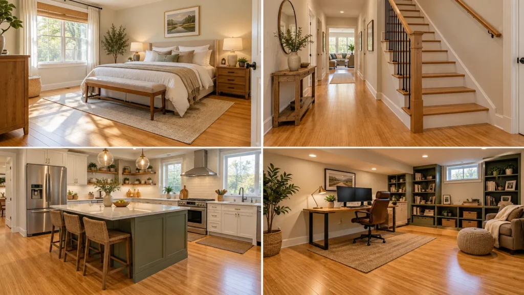 Bamboo flooring installed in a bedroom, hallway, kitchen and basementBamboo flooring installed in a bedroom, hallway, kitchen and basement