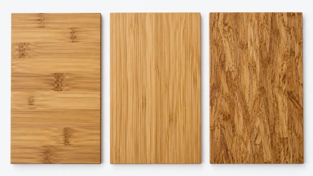 Horizontal, vertical and strand-woven bamboo flooring samples compared
