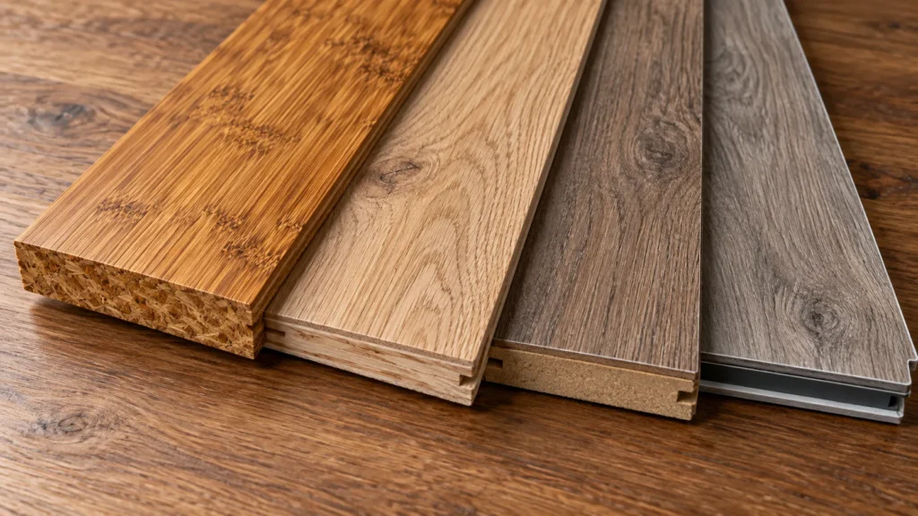Bamboo flooring sample compared with hardwood, laminate and vinyl plank