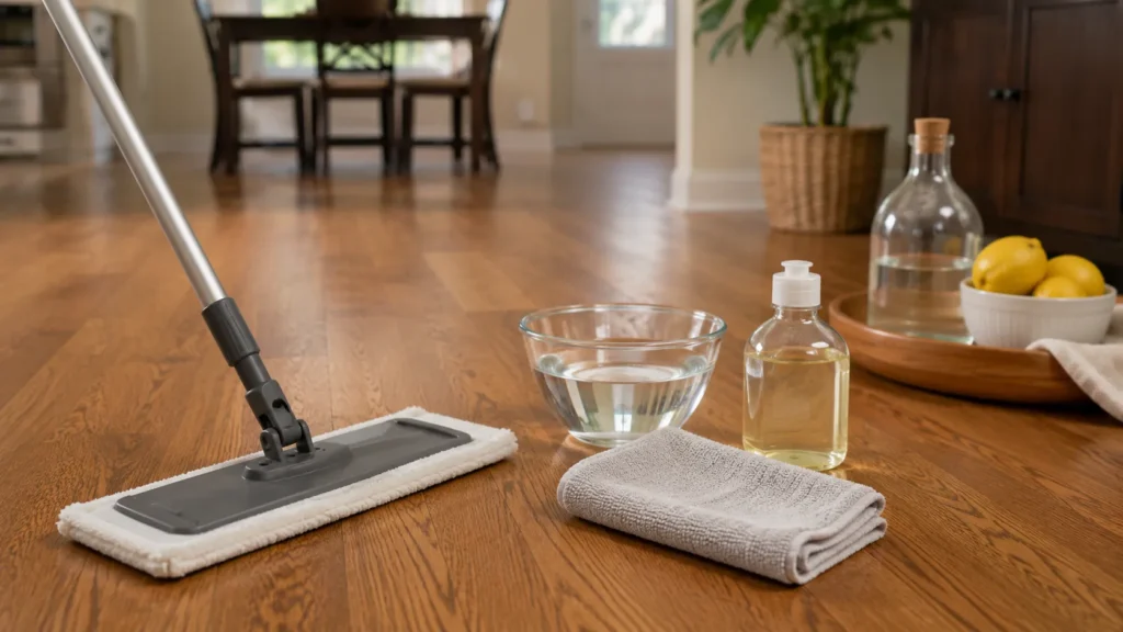 Natural hardwood floor cleaning setup with mild soap, water, microfiber cloth, and mop