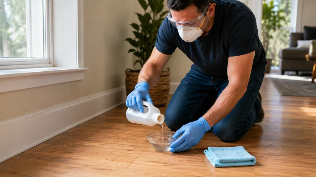 Homeowner carefully preparing a bleach solution while wearing protective gear near hardwood flooring
