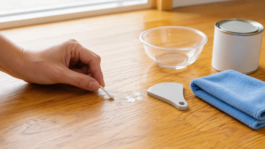 Testing a small paint spot on hardwood before using a removal method