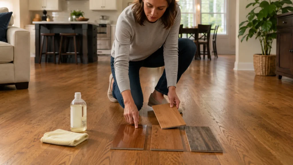 Homeowner checking different hardwood floor finishes before choosing a cleaner